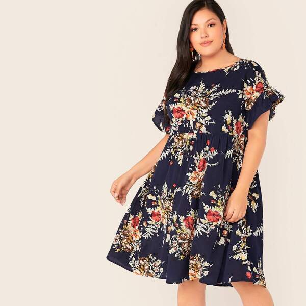 

Plus Floral Print Flounce Sleeve Smock Dress, Navy