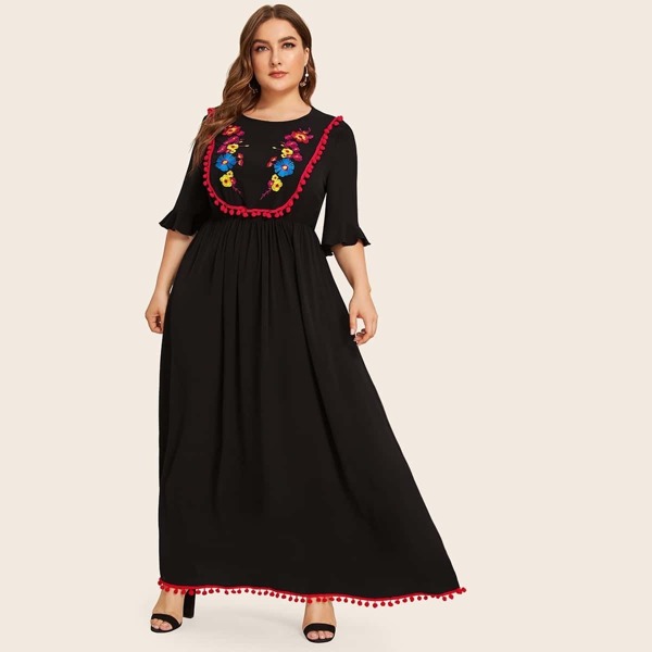 

Plus Embroidery & Pompom Detail Flare Dress, Black