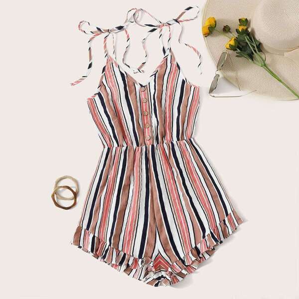 

Knot Shoulder Button Front Striped Romper