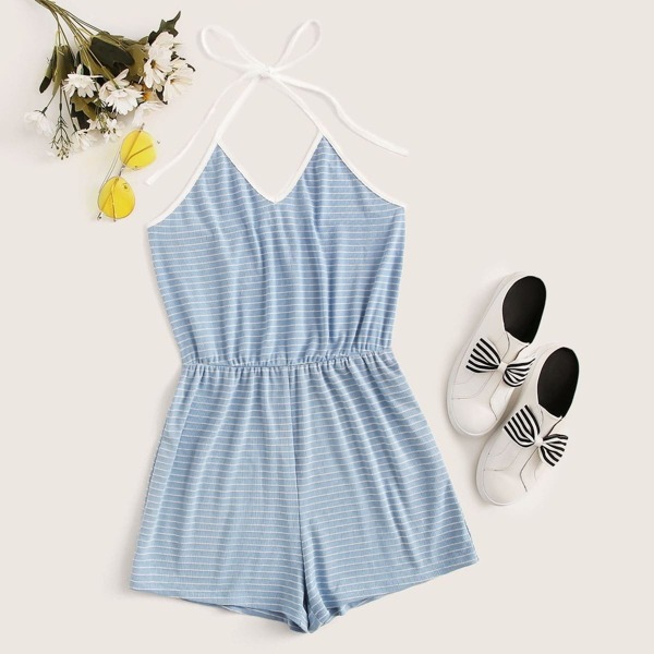 

Tie Neck Striped Halter Romper