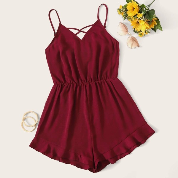 

Blouson Waist Crisscross Front Ruffle Hem Slip Romper
