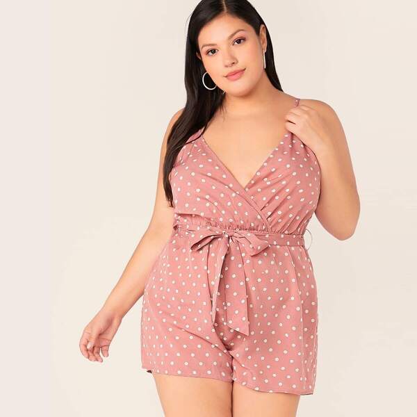 

Plus Polka-dot Print Belted Cami Romper