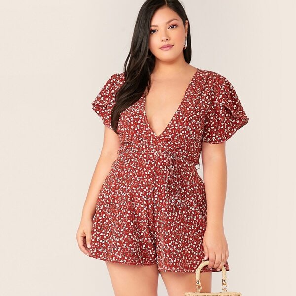 

Plus Plunging Neck Petal Sleeve Wrap Belted Romper, Burgundy