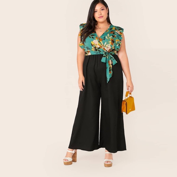 

Plus Pleated Ruffle Armhole Wrap Knot Combo Palazzo Jumpsuit, Multicolor