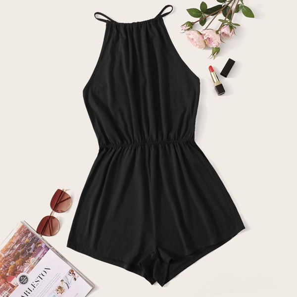 

Solid Keyhole Back Wide Leg Halter Romper, Black