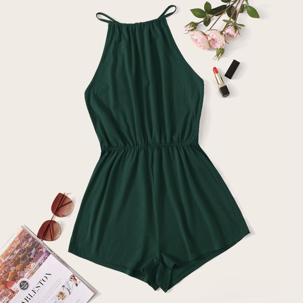 

Solid Keyhole Back Halter Romper