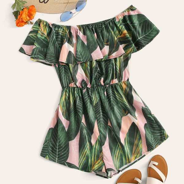 

Off Shoulder Ruffle Foldover Tropical Print Romper