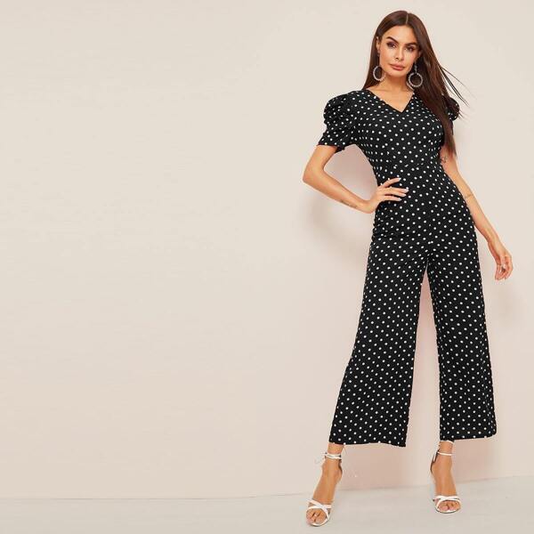 

Polka Dot V-neck Puff Sleeve Palazzo Jumpsuit