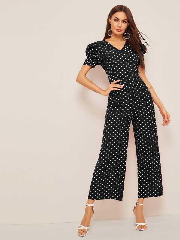 

Polka Dot V-neck Puff Sleeve Palazzo Jumpsuit, Black and white, Andy