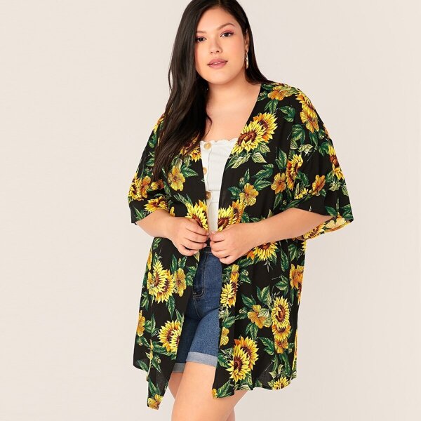

Plus Open Front Sunflower Print Kimono
