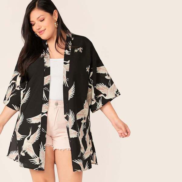 

Plus Crane Print Slit Hem Kimono