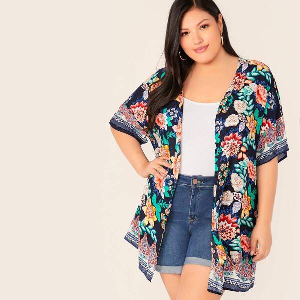 

Plus Floral & Tribal Print Kimono, Multicolor