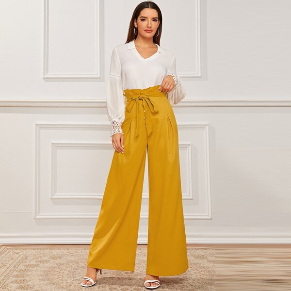 

Paperbag Waist Buttoned Front Wide Leg Pants, Yellow