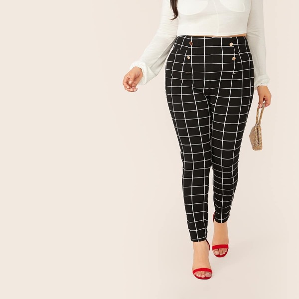 

Plus Double Breasted Detail Grid Print Pants