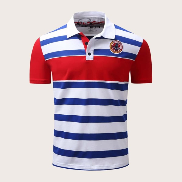

Men Striped Color Block Patched Polo Shirt