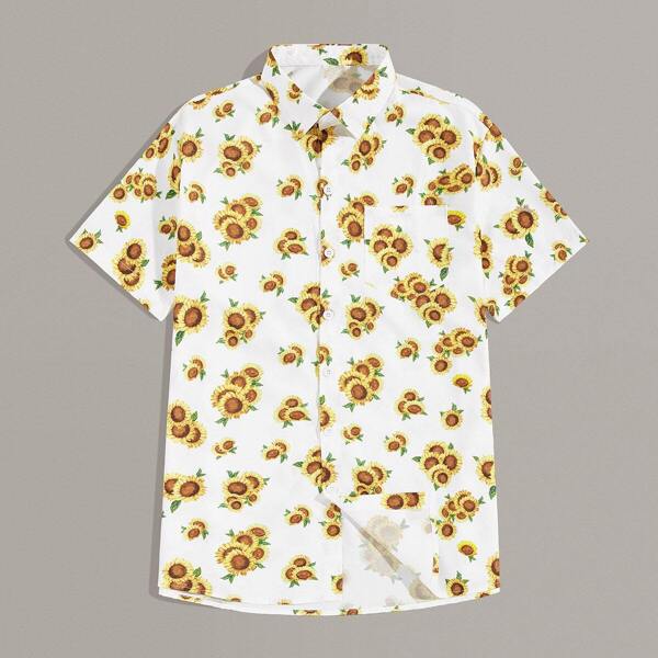 

Men Sunflower Print Single Breasted Pocket Shirt