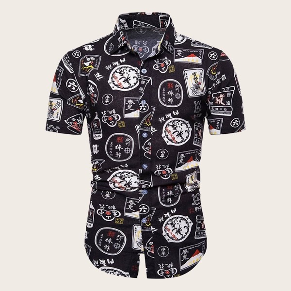 

Men Letter Print Single Breasted Shirt
