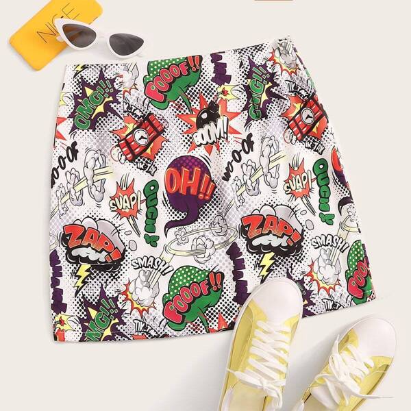 

Allover Letter & Cartoon Skirt, Multicolor