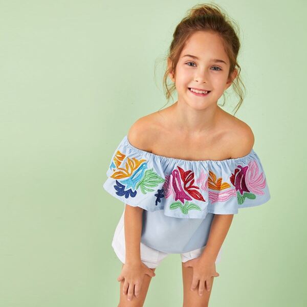 

Girls Off Shoulder Embroidery Ruffle Foldover Top
