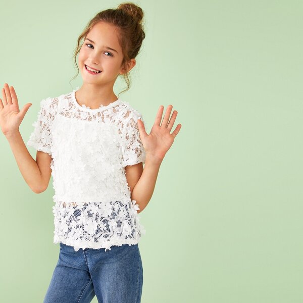 

Girls Flower Applique Lace Top With Cami, White