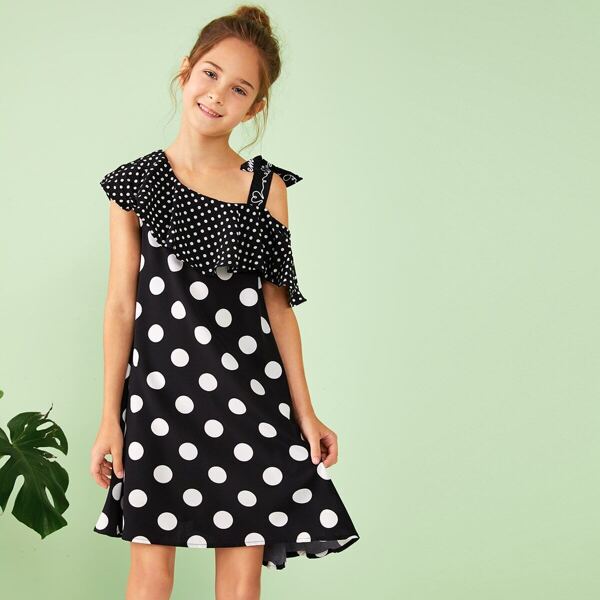 

Girls Asymmetrical Neck Tie Strap Foldover Polka Dot Dress
