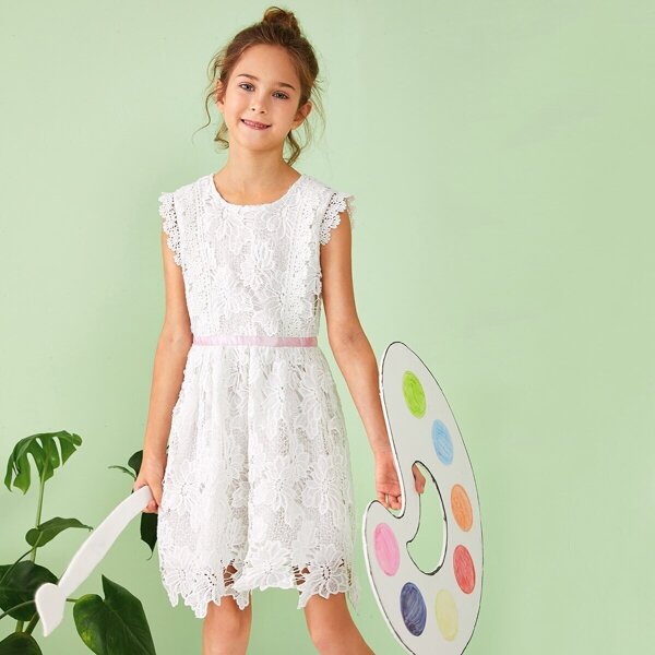 

Girls Zip Back Guipure Lace Midi Dress, White