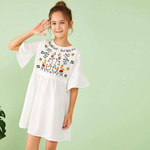 

Girls Flower Embroidered Flounce Sleeve Babydoll Dress