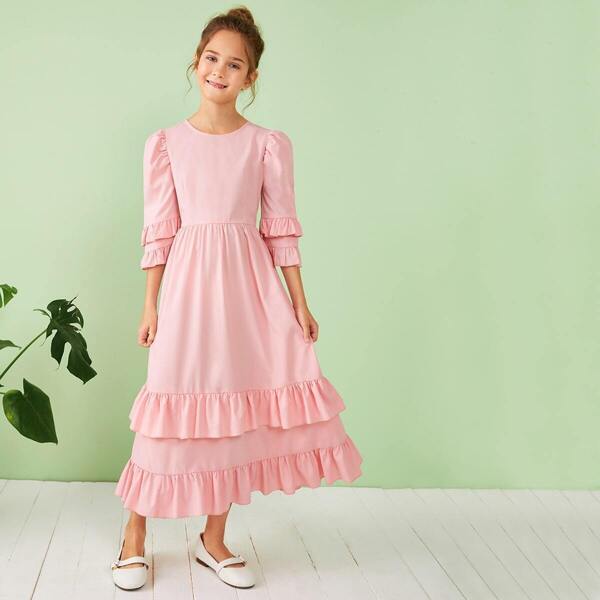 

Girls Zipper Back Layered Ruffle Trim Flare Dress, Pink pastel