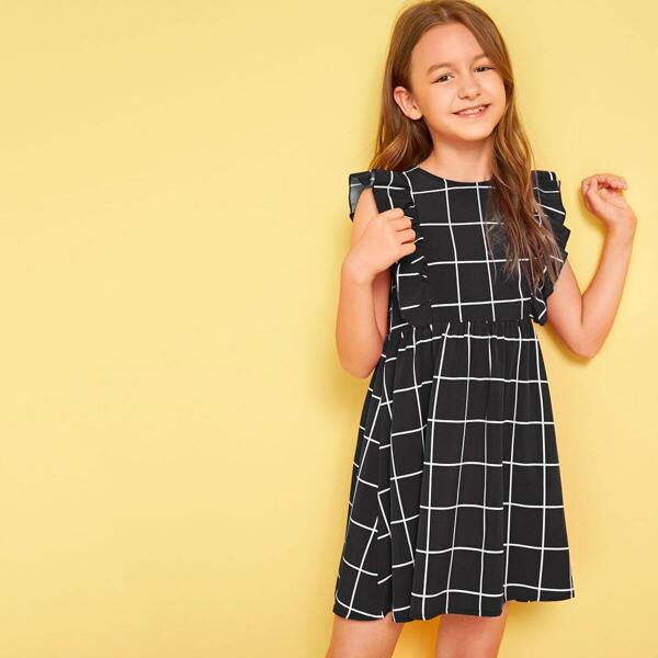 

Girls Grid Print Ruffle Armhole Dress