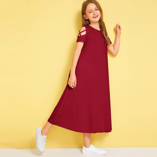 

Girls Crisscross Cold Shoulder Solid Dress, Burgundy