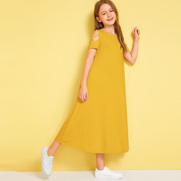 

Girls Crisscross Cold Shoulder Solid Dress, Yellow