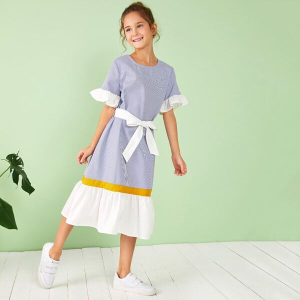 

Girls Striped Color-block Ruffle Hem Belted Dress, Blue