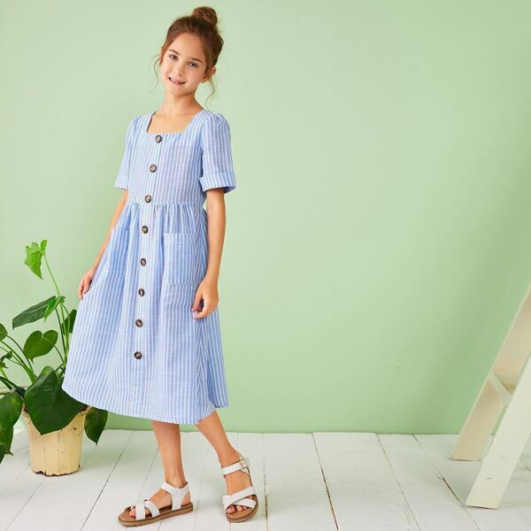 

Girls Single Breasted Pocket Patched Striped Dress, Blue pastel