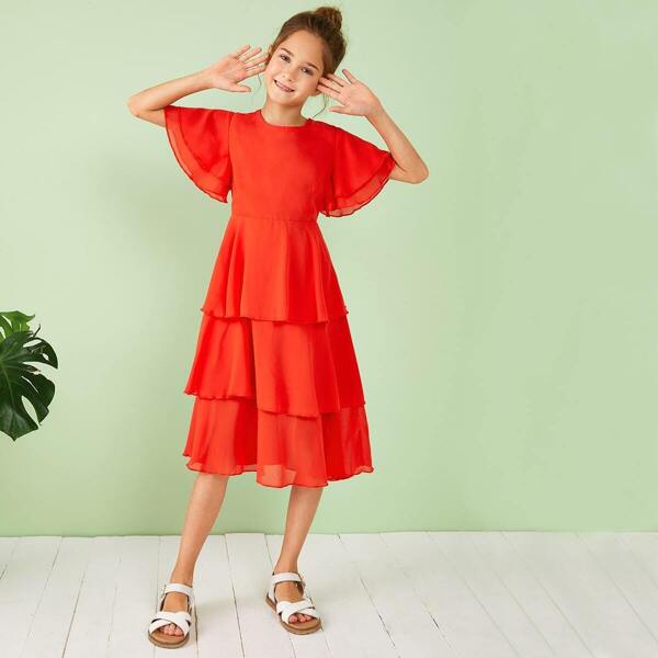 

Girls Neon Orange Zipper Back Layered Ruffle Hem Dress, Orange bright