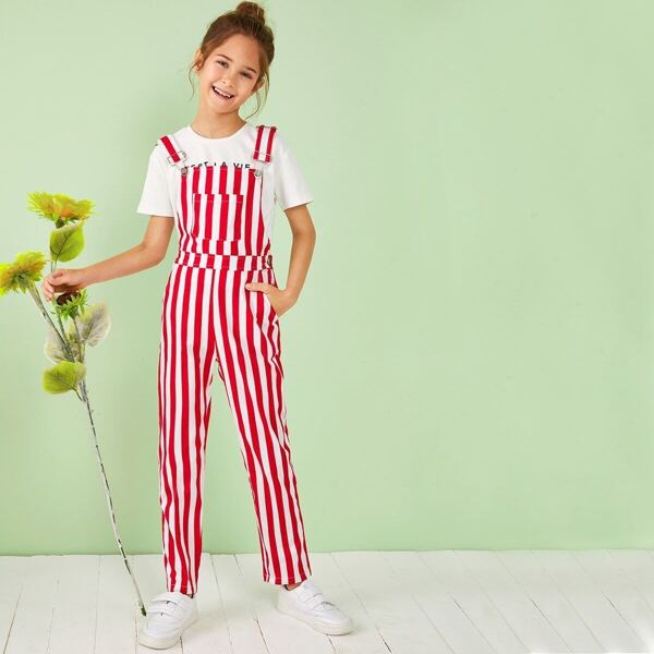 

Girls Striped Print Pocket Front Pinafore Jumpsuit