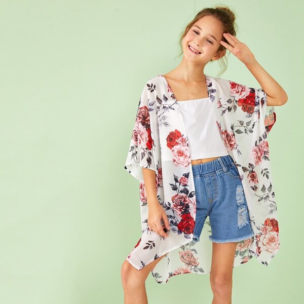 

Girls Open Front Floral Print Kimono