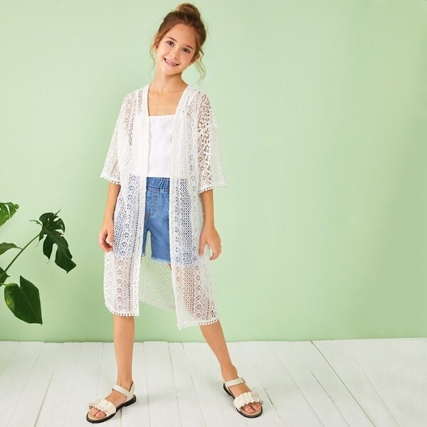 

Girls Open Front Sheer Lace Overlay Kimono
