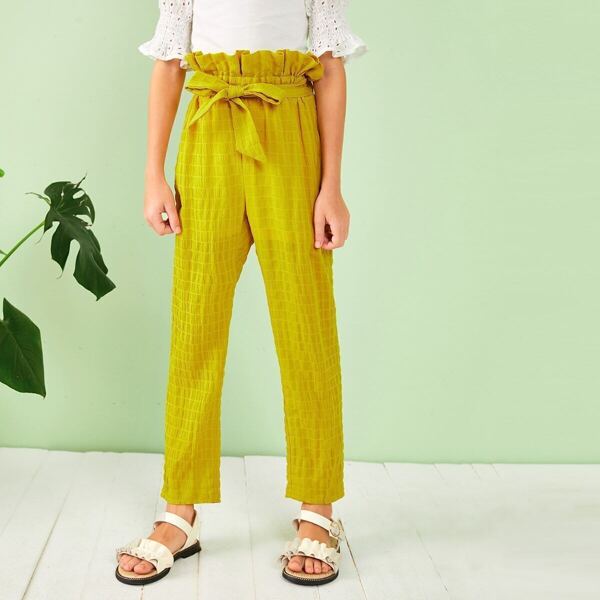 

Girls Solid Paperbag Waist Belted Pants, Yellow