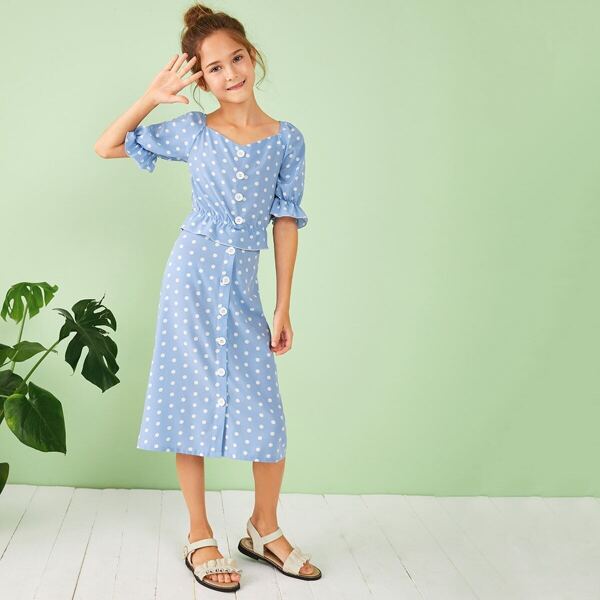 

Girls Button Front Ruffle Trim Top & Skirt Set, Blue pastel