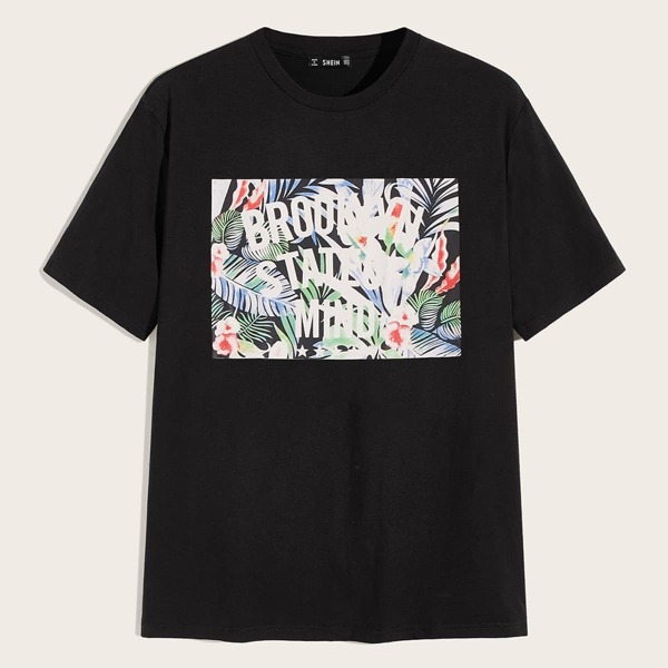 

Men Drop Shoulder Tropical & Slogan Print Top