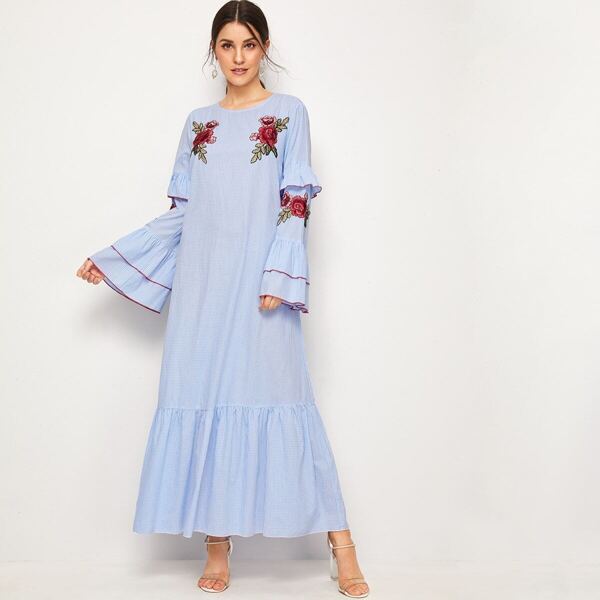

Embroidery Front Contrast Trim Layered Sleeve Gingham Dress, Blue