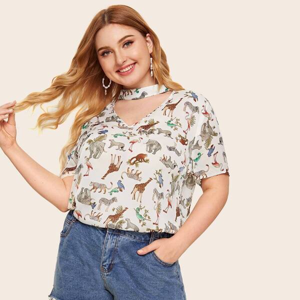

Plus Choker Neck Mixed Animal Print Top