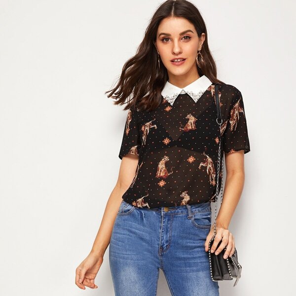 

Pearls Beaded Contrast Collar Sheer Leopard Print Top