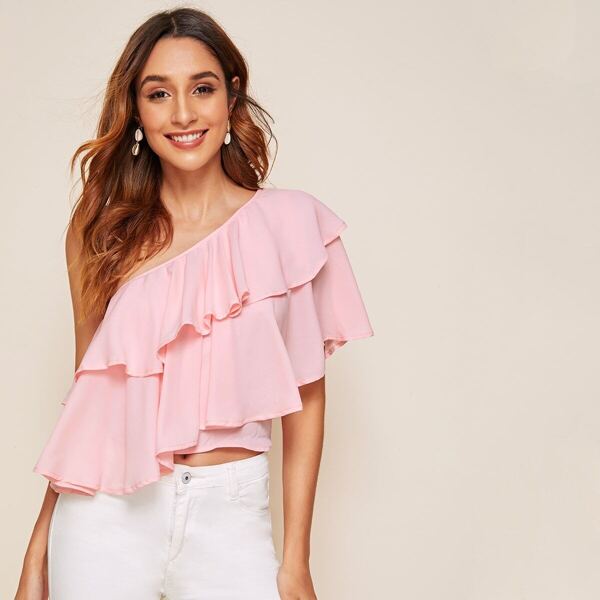

One Shoulder Layered Ruffle Solid Top