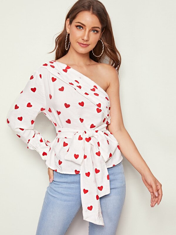

Heart Print One Shoulder Belted Blouse, White, Debi Cruz