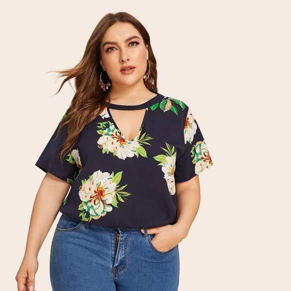 

Plus Floral Print Choker Neck Top, Navy
