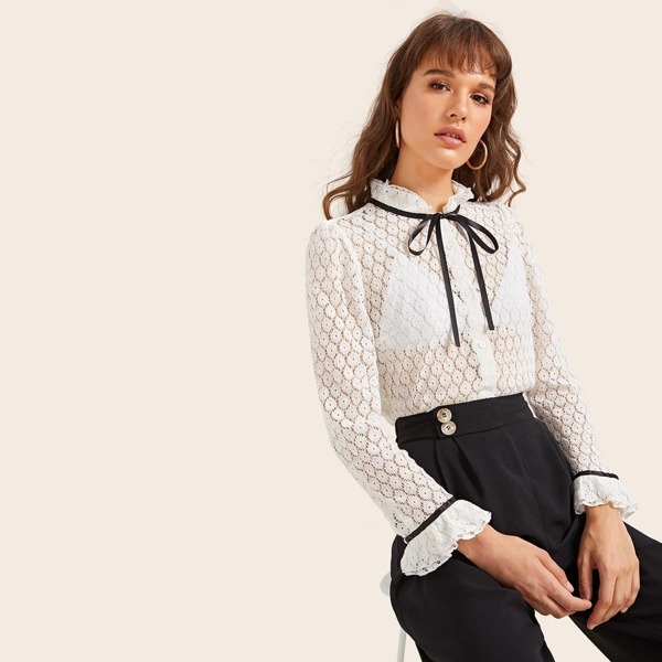 

Frill Trim Tie Neck Lace Overlay Top With Bra