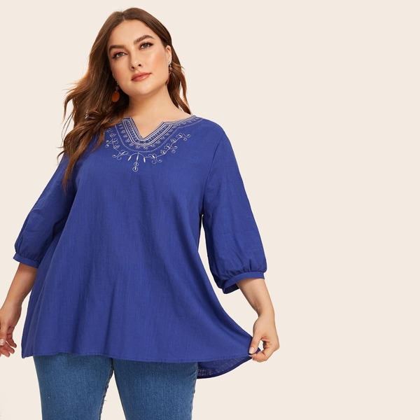 

Plus Notched Neck Embroidered Detail Top, Blue