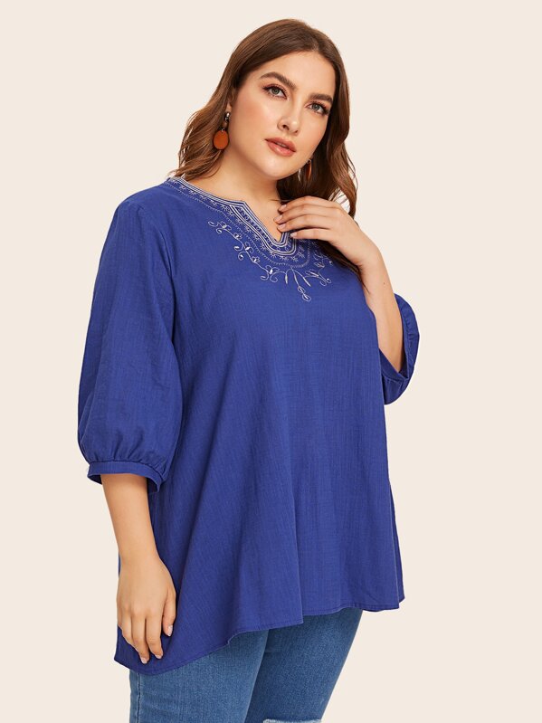 

Plus Notched Neck Embroidered Detail Top, Blue, Franziska