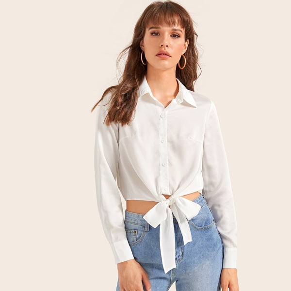

Collared Tie Hem Satin Shirt
